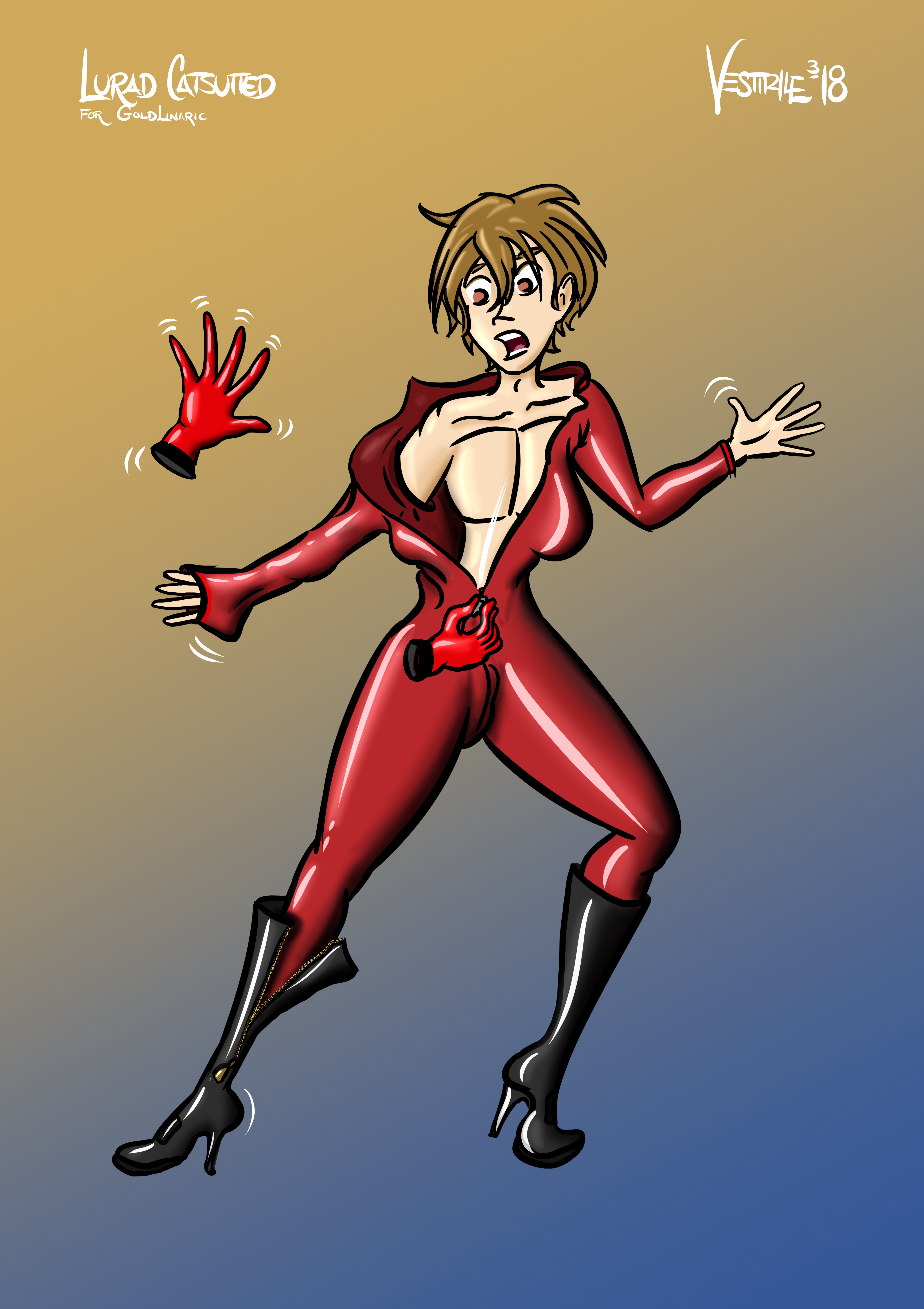 GoldLinaric's Lurad, pulled into an enchanted catsuit Art ©Vestiphile 2018-19